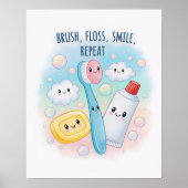 Brush, Floss, Flush, Wash Kids Bathroom Wall Art ポスター (正面)
