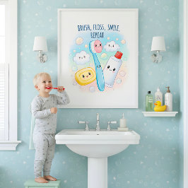 Brush, Floss, Flush, Wash Kids Bathroom Wall Art ポスター