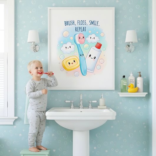 Brush, Floss, Flush, Wash Kids Bathroom Wall Art ポスター