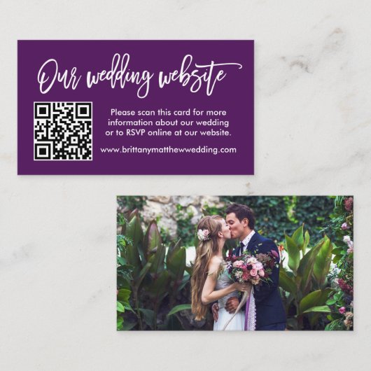 Brush Scriptの結婚WebサイトQRフォトパープル エンクロージャーカード (正面/裏面)