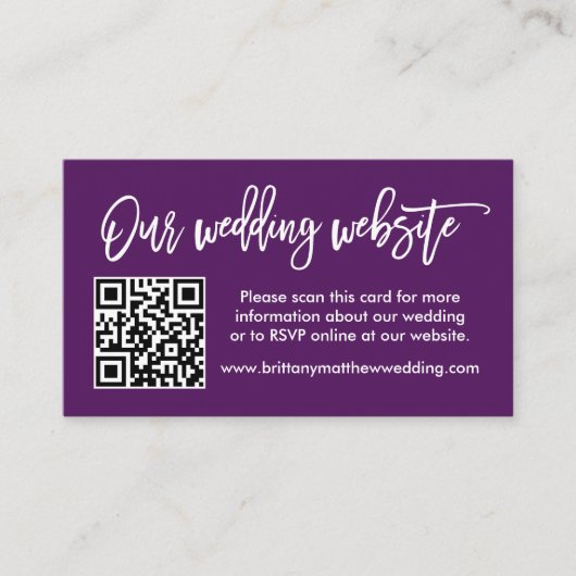 Brush Scriptの結婚WebサイトQRフォトパープル エンクロージャーカード (正面)