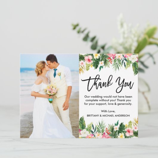 Brush Scriptトロピカルフローラ結婚の写真 サンキューカード (スタンド正面)