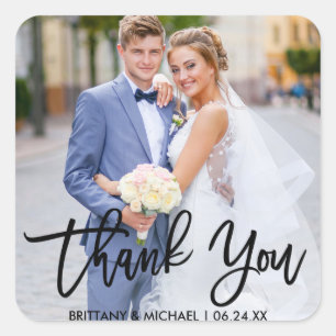 Brush Scriptモダンの結婚カップル写真 スクエアシール
