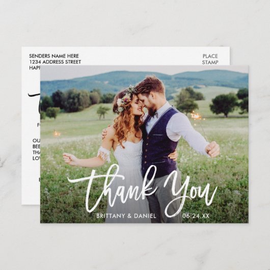 Brush Scriptモダンの結婚写真ありがとう ポストカード (正面/裏面)