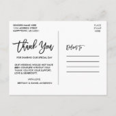 Brush Scriptモダンの結婚写真ありがとう ポストカード (裏面)