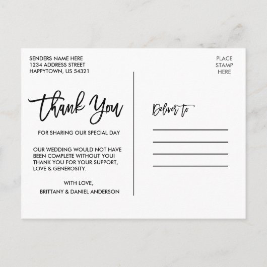 Brush Scriptモダンの結婚写真ありがとう ポストカード (裏面)