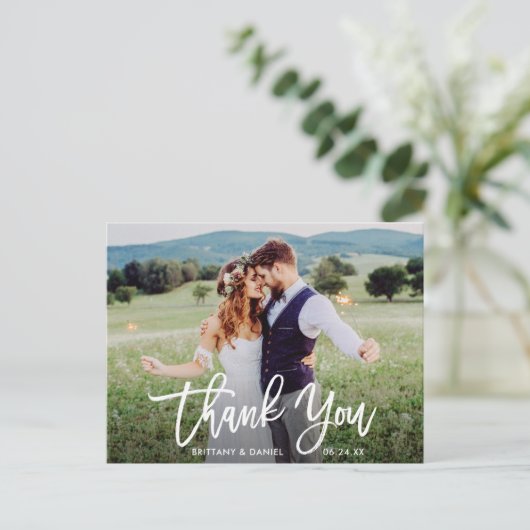 Brush Scriptモダンの結婚写真ありがとう ポストカード (スタンド正面)