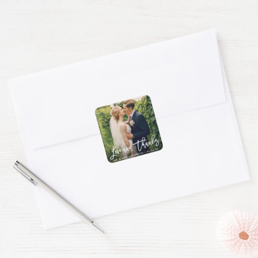 Brush Script結婚の写真の愛と感謝していモダンPhoto Love スクエアシール (封筒)