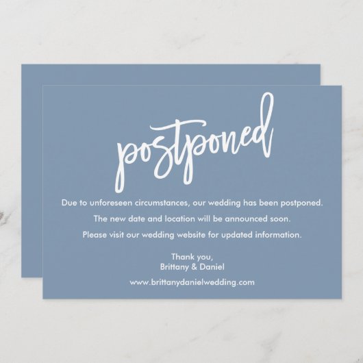Brush Script結婚のDelayed Dusty Blue Card セーブザデート (正面/裏面)