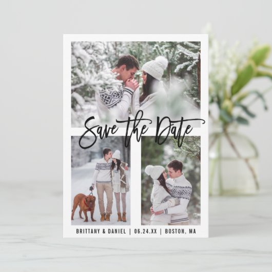 Brush Script モダン 3写真Date Cardを保存 招待状 (スタンド正面)