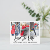Brush Script モダン 3 Photo Save The Date Wht ポストカード (スタンド正面)