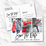 Brush Script モダン 3 Photo Save The Date Wht ポストカード<br><div class="desc">ブラシモダンスクリプト日付の保存婚約カップル3写真はがき白</div>