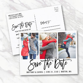 Brush Script モダン 3 Photo Save The Date Wht ポストカード