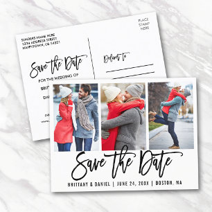 Brush Script モダン 3 Photo Save The Date Wht ポストカード