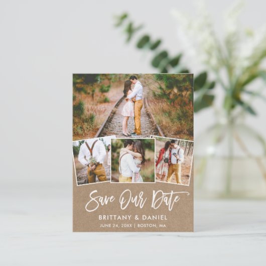 Brush Script 救  Our Date 4 Photo Kraft ポストカード (スタンド正面)