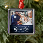 Brush Script Blue Wood初めてのクリスマスMr. Mrs. メタルオーナメント<br><div class="desc">Brushモダン Script, 素朴 Blue Wood Or Mr. and Mrs. 結婚 Photoオーナメント</div>