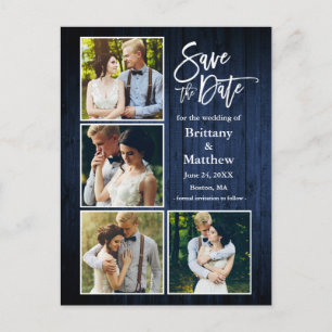 Brush Script Blue Wood Save The Date 4 Photo ポストカード