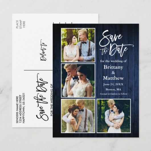 Brush Script Blue Wood Save The Date 4 Photo ポストカード (正面/裏面)