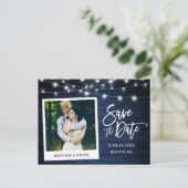 Brush Script Instant Photo Blue Wood日付の保存 ポストカード (スタンド正面)