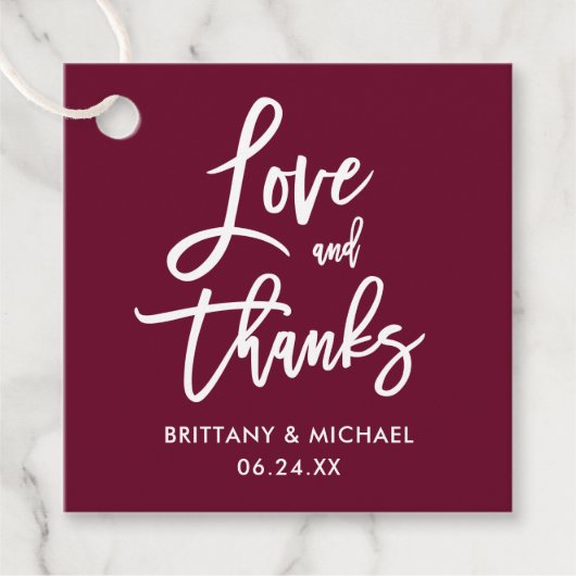 Brush Script LoveとBurgundy感謝していの結婚Brush Script フェイバータグ (正面)