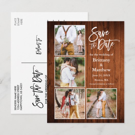 Brush Script Wood Save the Date Coupl 4 Photo ポストカード (正面/裏面)