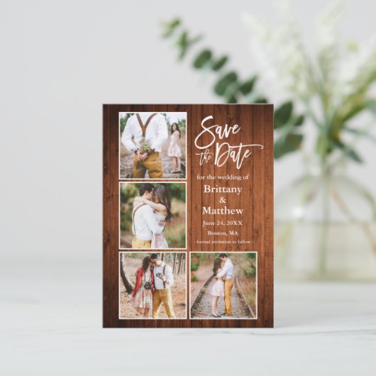 Brush Script Wood Save the Date Coupl 4 Photo ポストカード (スタンド正面)
