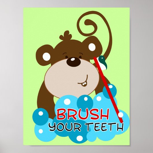 Brush Your Teeth Monkey Bathroom Art Print ポスター (正面)
