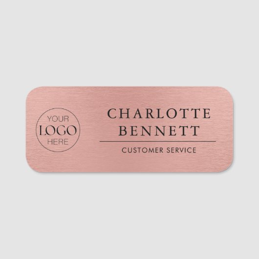 Brushed Metallic Rose Gold Logo Employee Staff 名札 (正面)