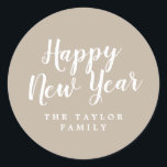 Brushed Tan Happy New Year Holiday Gift ラウンドシール<br><div class="desc">These brushed tan happy new year holiday gift stickers are perfect for a simple holiday present or holiday card. The unique and artistic design features modern calligraphy in beige and white. Personalize the stickers with your name.</div>