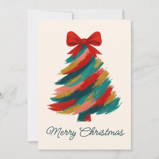 Brushstroke Christmas Tree Card with Red Bow シーズンカード (正面)