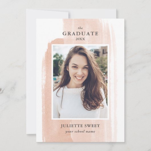 Brushstrokes | Peach Photo Girly Graduation  招待状 (正面)