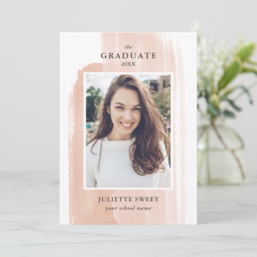Brushstrokes | Peach Photo Girly Graduation  招待状 (スタンド正面)
