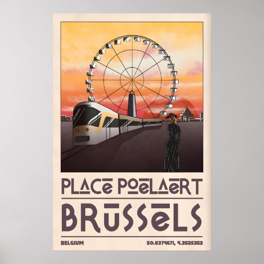Brussels Cityscape Art Print Mid-Century Tram and ポスター (正面)