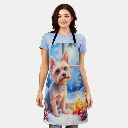 Brussels Griffon Frosted Window Christmas Art エプロン (着用した状態)