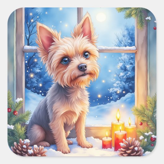 Brussels Griffon Frosted Window Christmas Art スクエアシール (正面)