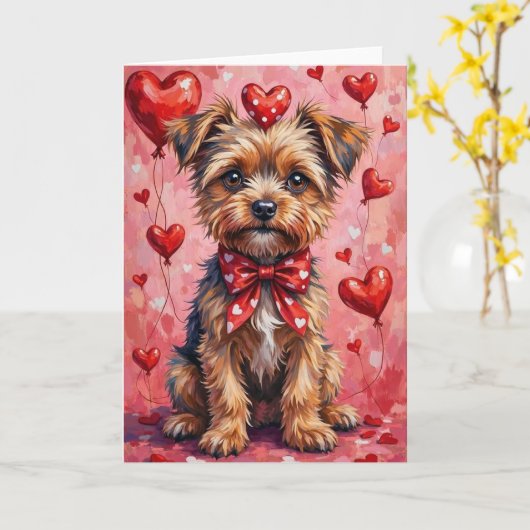 Brussels Griffon Valentine Dog Sitting with Hearts カード (黄色い花)
