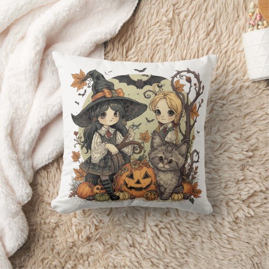 Bruxinhas Kawaii com Gatinho e Abóboras  クッション (ブランケット)