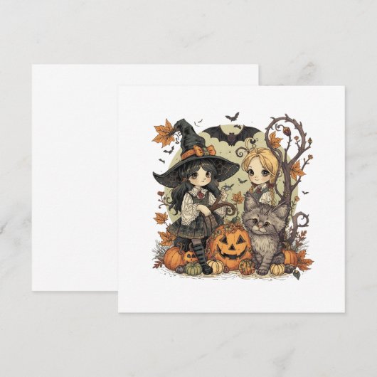 Bruxinhas Kawaii com Gatinho e Abóboras  サンキューカード (正面/裏面)
