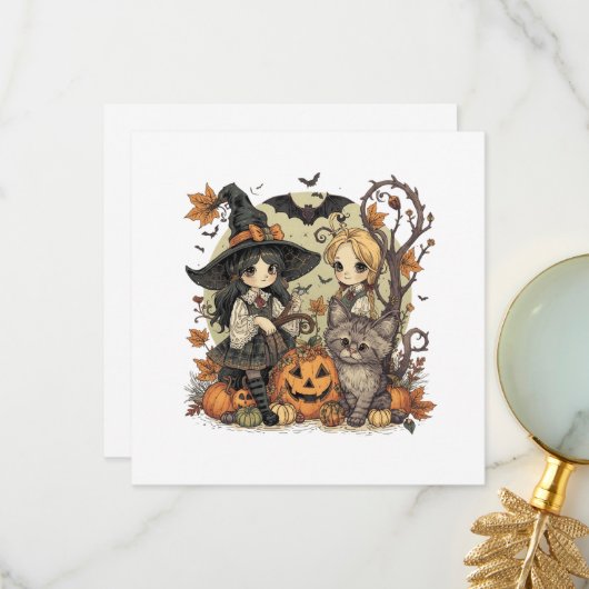 Bruxinhas Kawaii com Gatinho e Abóboras サンキューカード (正面/裏面インサイチュ)