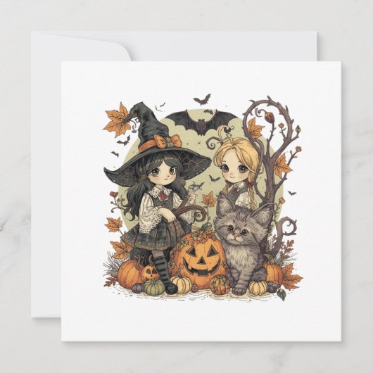 Bruxinhas Kawaii com Gatinho e Abóboras  サンキューカード (正面)