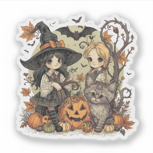 Bruxinhas Kawaii com Gatinho e Abóboras  シール (正面)