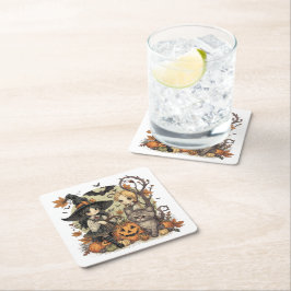 Bruxinhas Kawaii com Gatinho e Abóboras  スクエアペーパーコースター