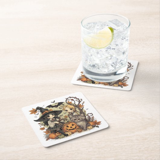 Bruxinhas Kawaii com Gatinho e Abóboras  スクエアペーパーコースター (インサイチュ)