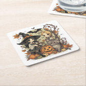 Bruxinhas Kawaii com Gatinho e Abóboras  スクエアペーパーコースター (アングル)