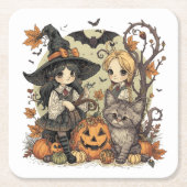 Bruxinhas Kawaii com Gatinho e Abóboras  スクエアペーパーコースター (正面)