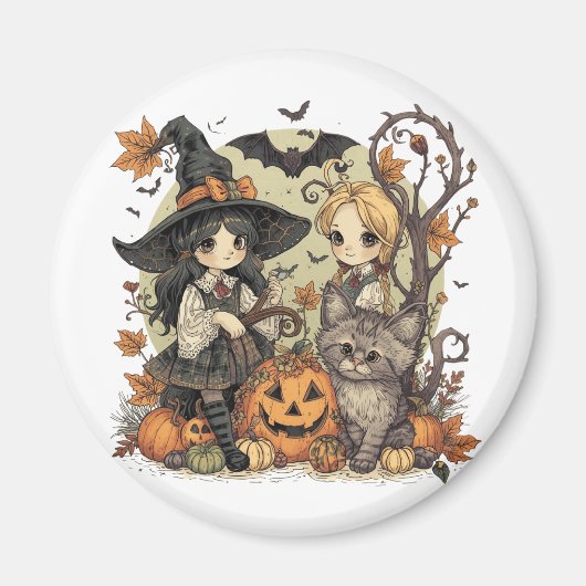 Bruxinhas Kawaii com Gatinho e Abóboras  マグネット (正面)