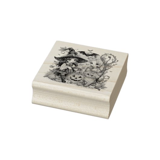 Bruxinhas Kawaii com Gatinho e Abóboras ラバースタンプ (スタンプ)