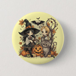 Bruxinhas Kawaii com Gatinho e Abóboras  缶バッジ