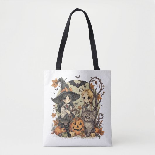 Bruxinhas Kawaii com Gatinho e Abóboras – Hallowee トートバッグ (正面)