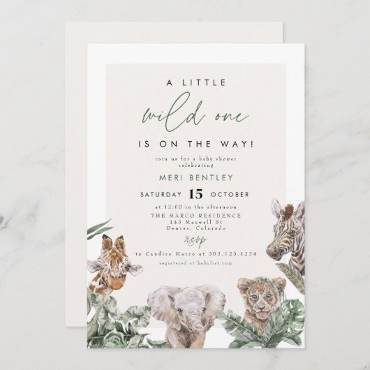 BRYNかわいいジャングルサファリベビーアニマルベビーシャワー 招待状 (正面/裏面)